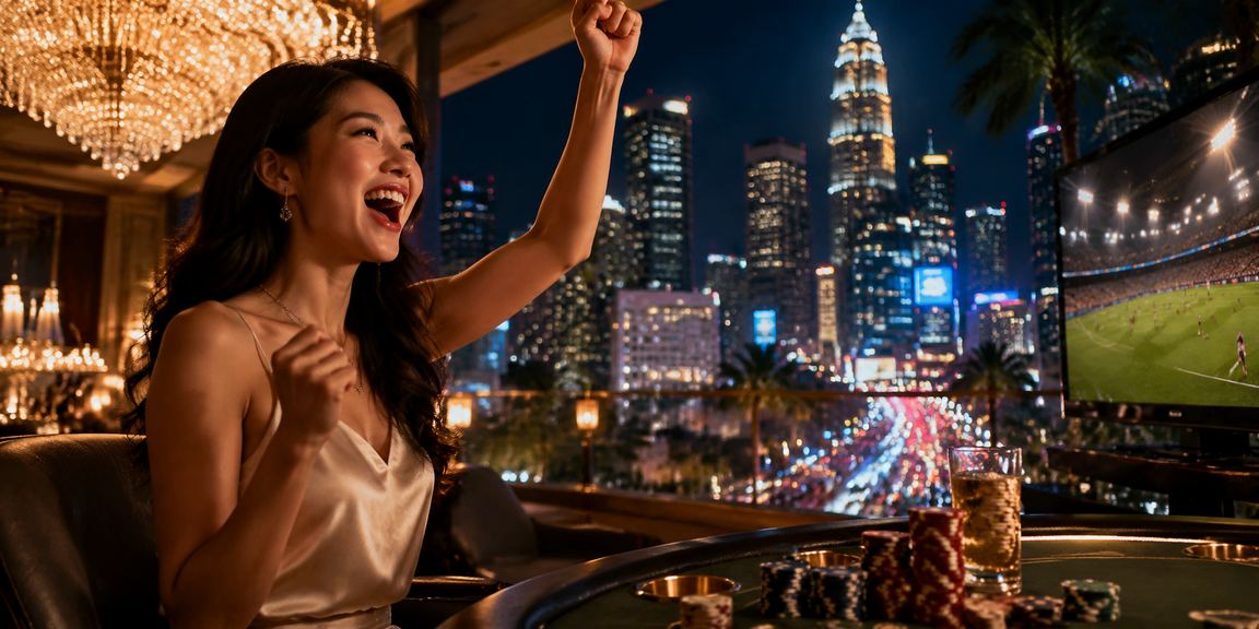 Suasana hiburan kasino gaya Malaysia di Kuala Lumpur dengan lampu neon terang